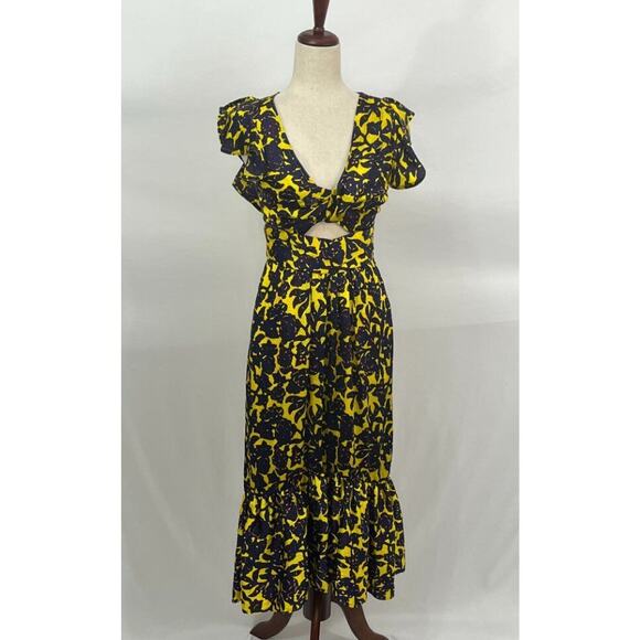 A.L.C Sz 2 Valencia Purple Yellow Floral Silk Cutout Ruffle Midi Dress - Picture 9 of 13
